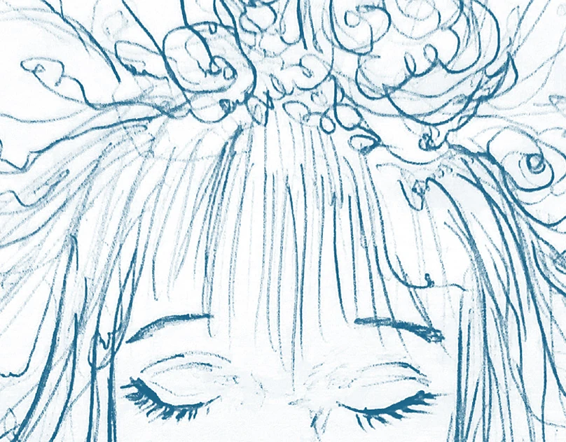Detalle de un retrato a lápiz azul: ojos cerrados, cabello y flores.